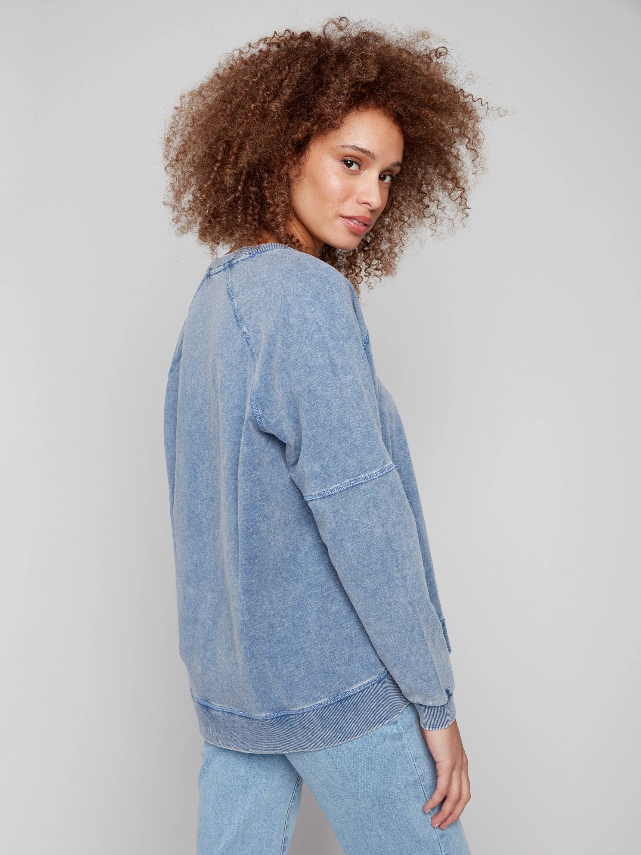 Creative Flow Cold Dye French Terry V-Neck Top - Denim