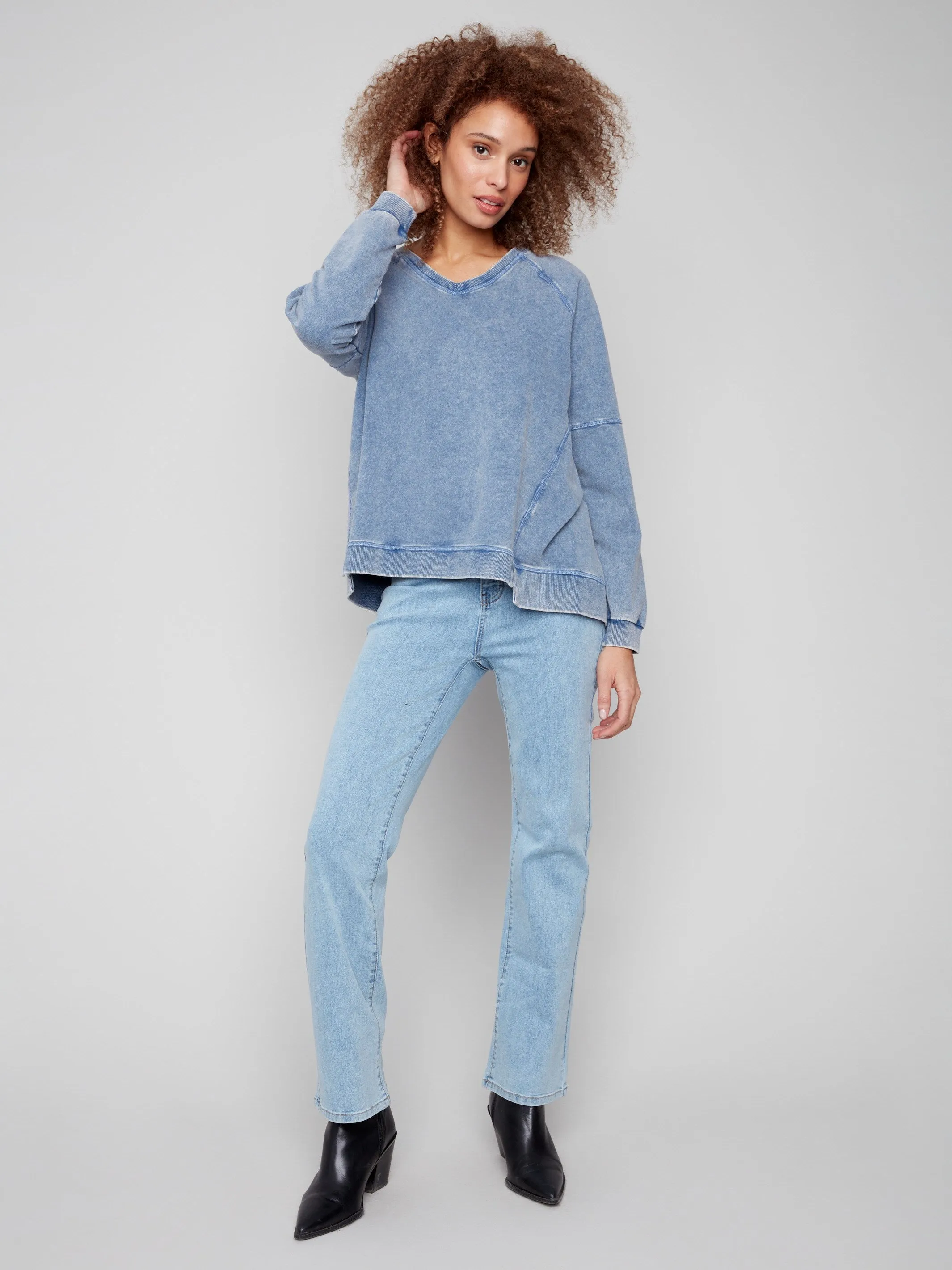 Island Vibe DurableWeave Cold Dye French Terry V-Neck Top - Denim