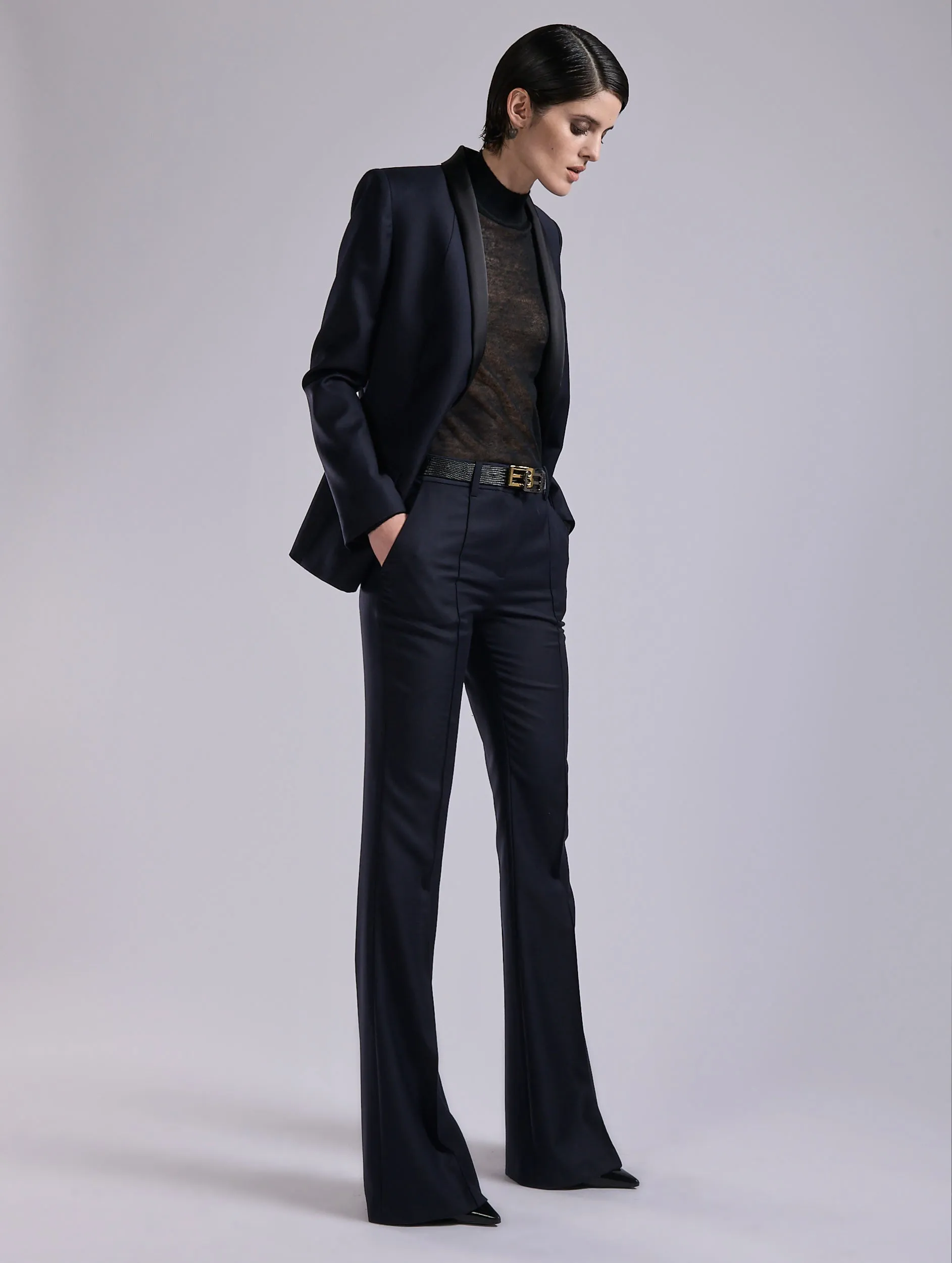 Flexible Durability Navy wool and cashmere twill bootleg trousers