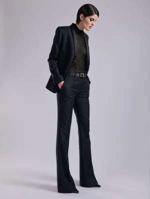 Flexible Durability Navy wool and cashmere twill bootleg trousers