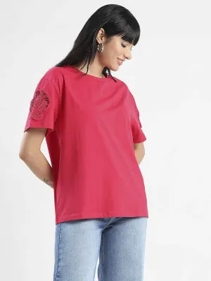 Madame Embroidered Sleeve Solid Red Cotton T-Shirt Day-to-Day Comfort Luxury exclusivity