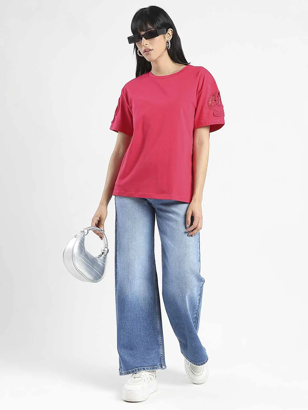 Madame Embroidered Sleeve Solid Red Cotton T-Shirt Summer Casual perfect for all-day wear