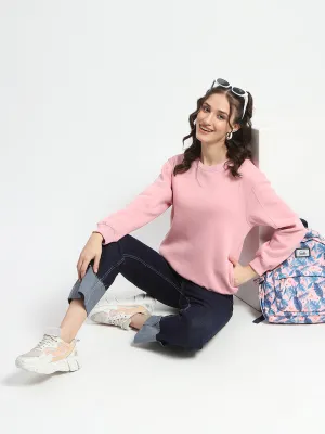 Plus Size Madame Solid Light Pink Crew Neck Cotton Sweatshirt