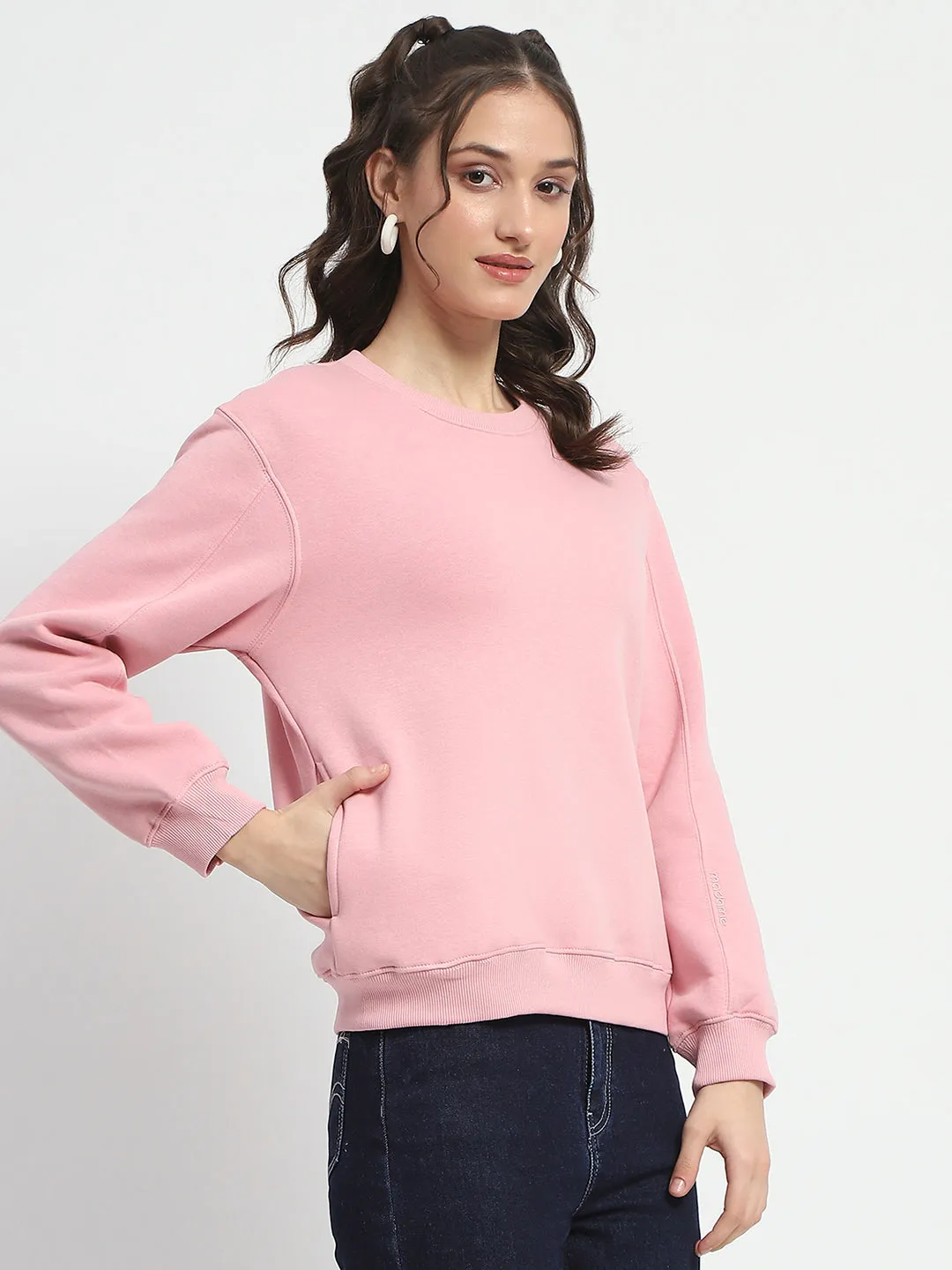 Timeless Style Madame Solid Light Pink Crew Neck Cotton Sweatshirt