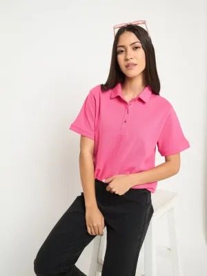 Madame Cotton Blend Solid Pink Polo T-shirt Embroidered Cozy Comfort