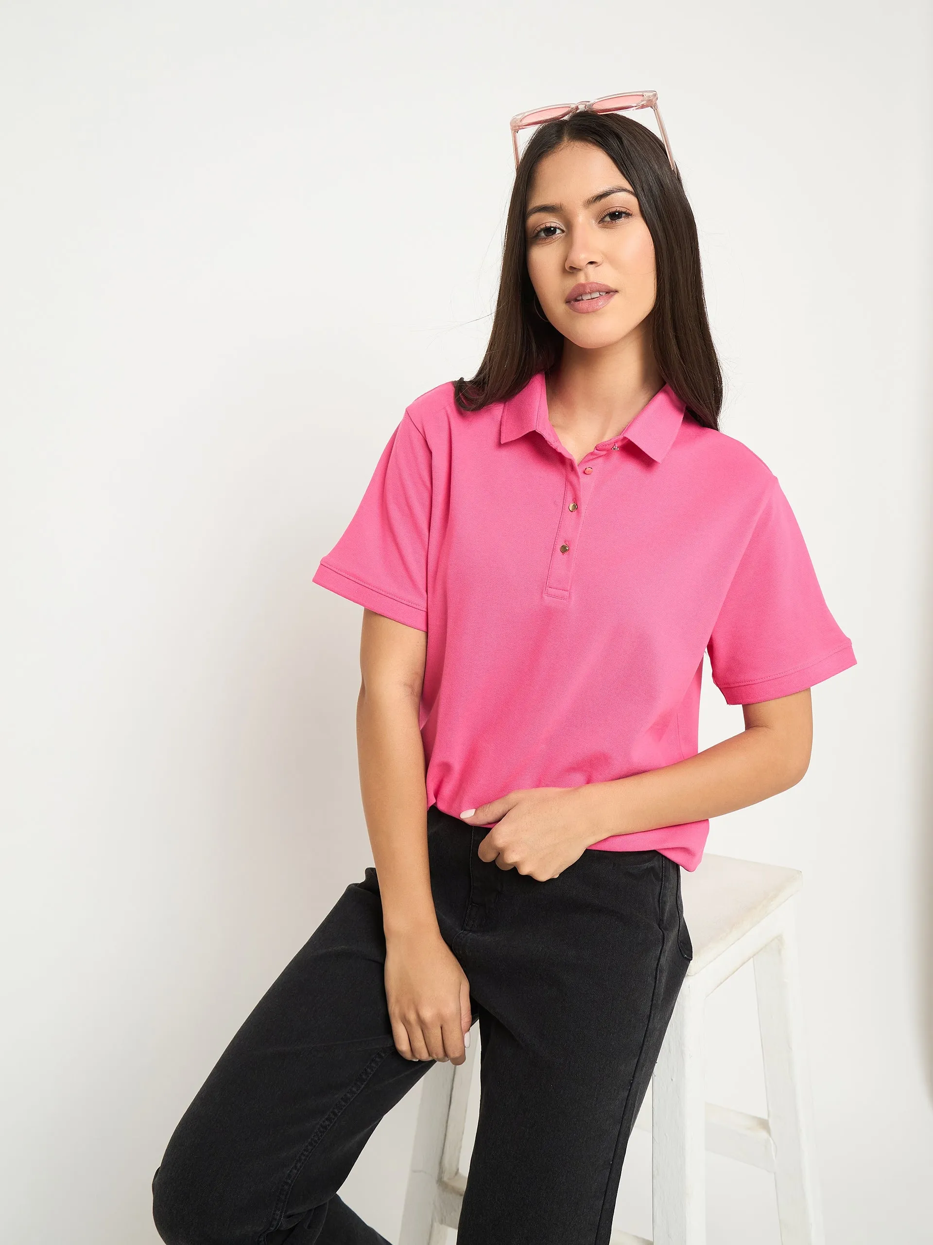 Madame Cotton Blend Solid Pink Polo T-shirt Embroidered Cozy Comfort