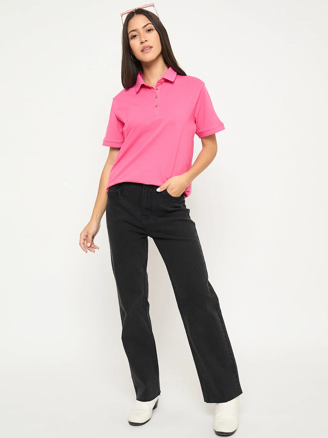 Madame Cotton Blend Solid Pink Polo T-shirt Wear Resistant Fabric Seamless Edging