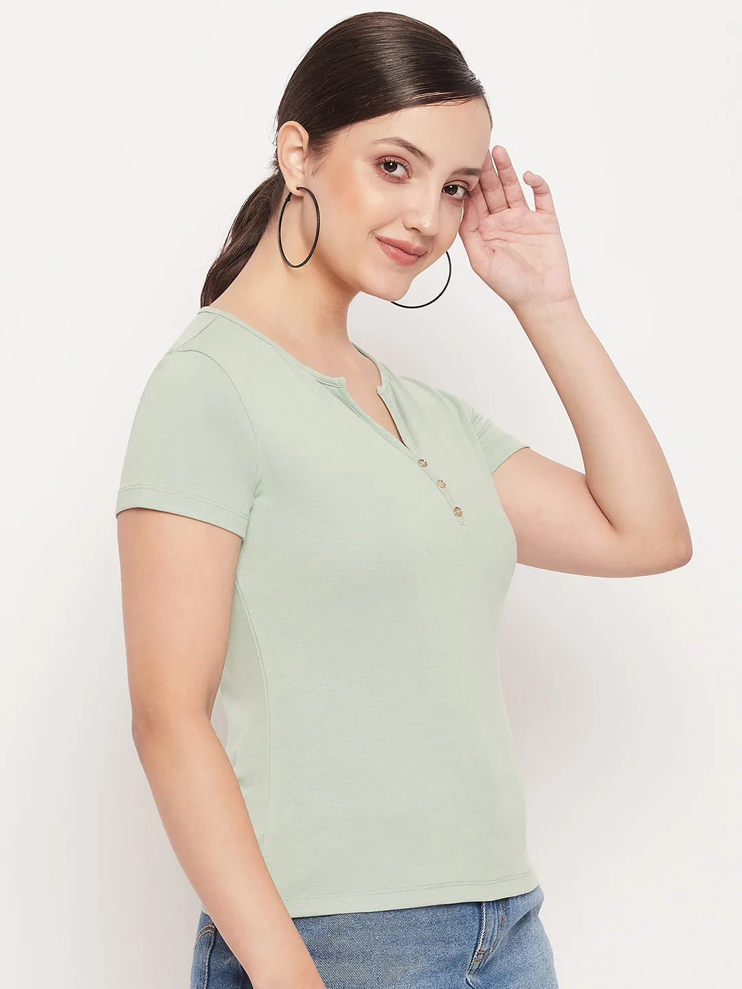Madame Green Deep V Neck Fitted Cotton T-shirt Casual Comfort Top Light Style
