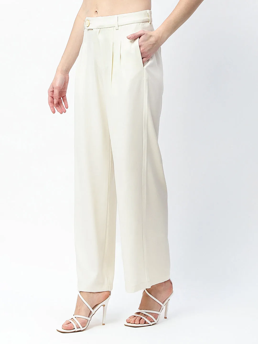 Madame Pleat Detailed Off White Gurkha Trousers Flexible Leg Comfortable Fashion