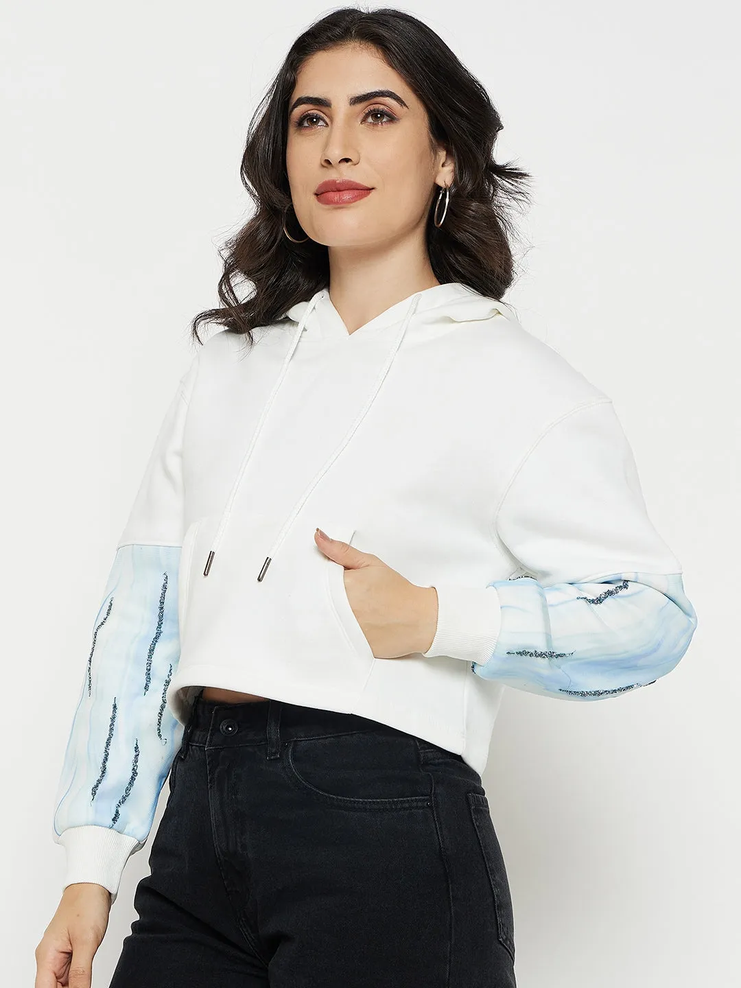 Madame White Solid Hood Neck Sweatshirt Easy Care