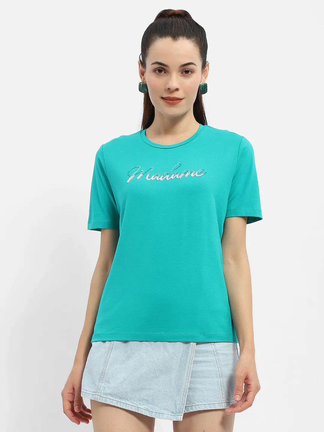 Soft Layering Madame Typography Sea Green Crew Neck T-Shirt