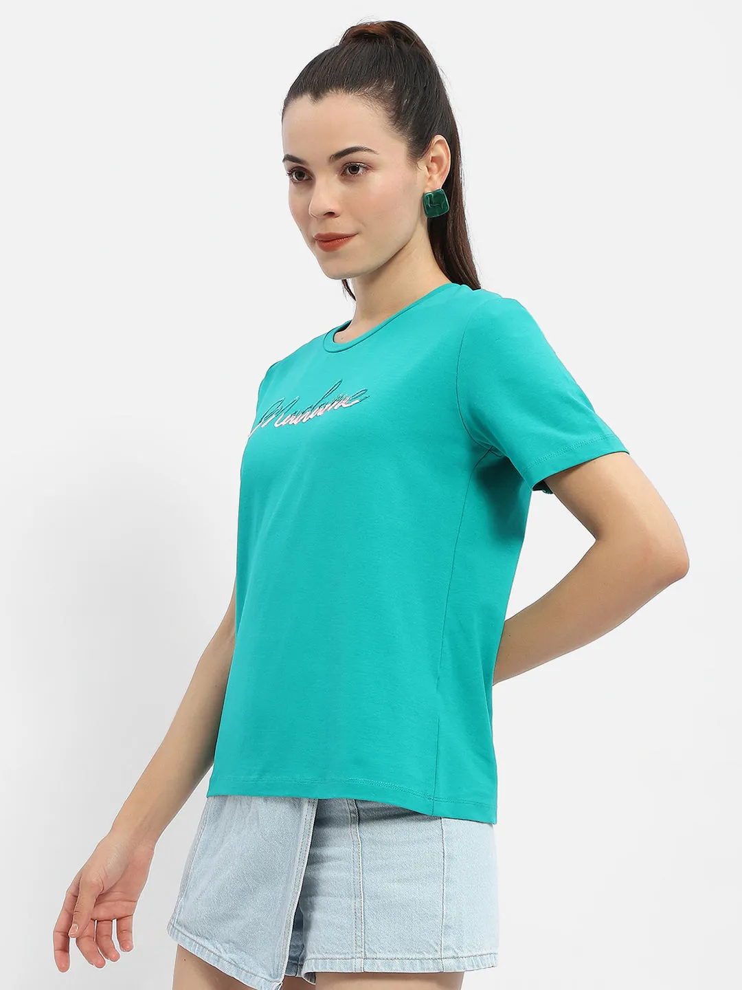 Street Outfit Madame Typography Sea Green Crew Neck T-Shirt