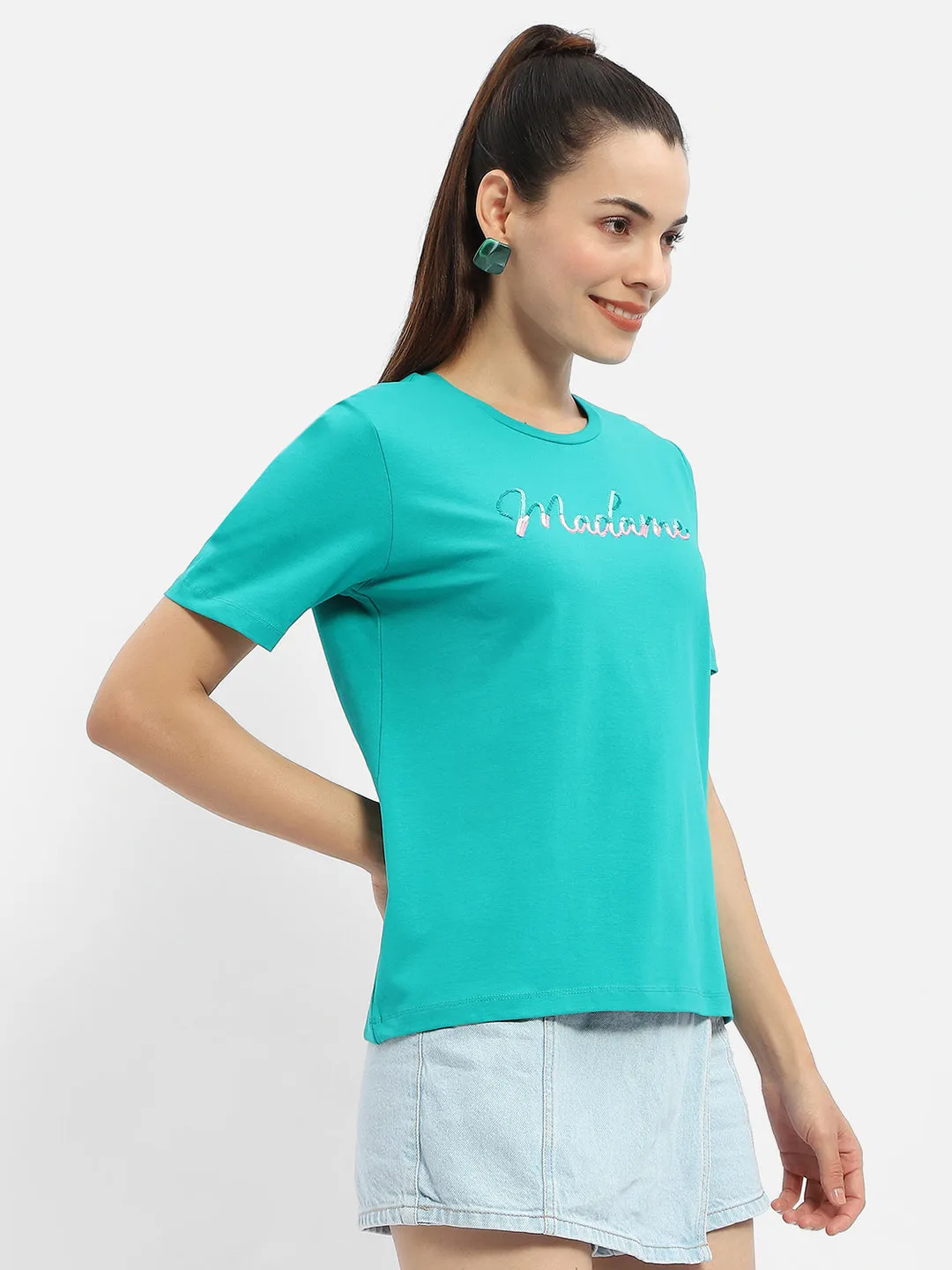 Madame Typography Sea Green Crew Neck T-Shirt Trendy Layering