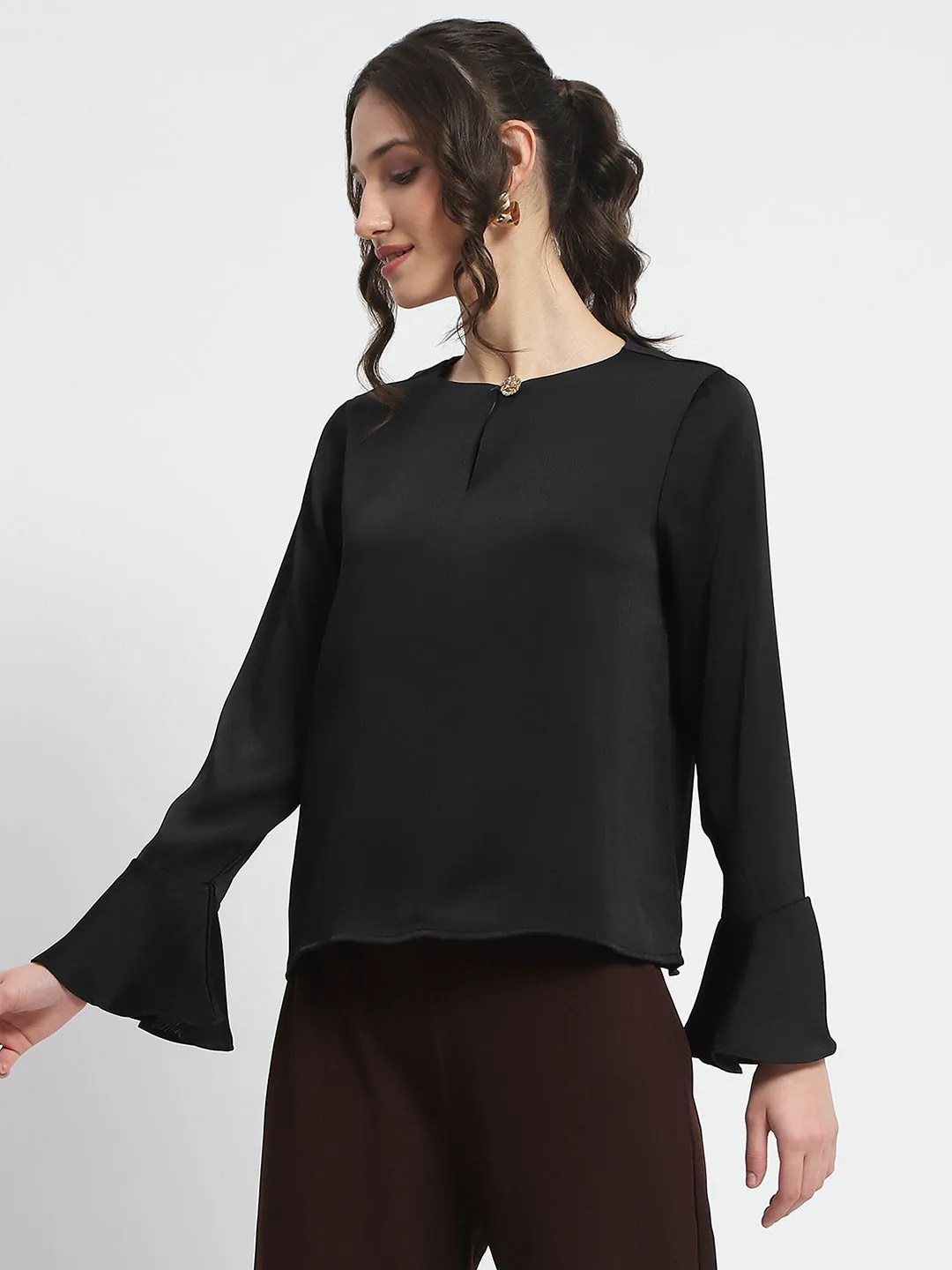 StaticFreeLining Antibacterial Treatment Madame Solid Black Ruffle Sleeve Satin Top