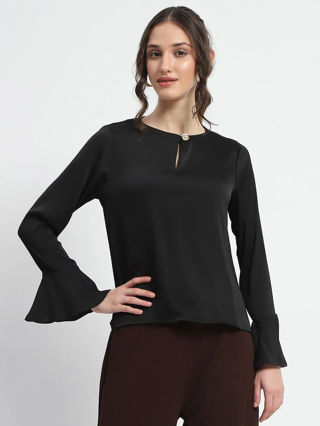 Fresh Glow Weather Ready Madame Solid Black Ruffle Sleeve Satin Top