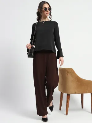 Smart Fit Madame Solid Black Ruffle Sleeve Satin Top