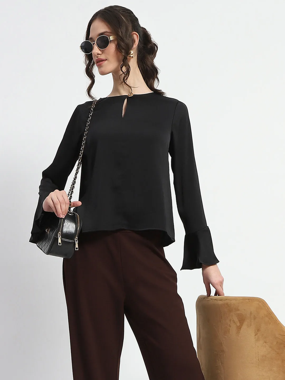 VersatileCuff Mediterranean Air Madame Solid Black Ruffle Sleeve Satin Top