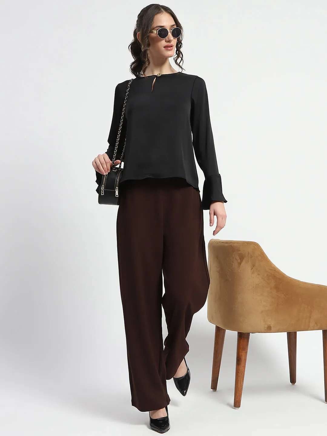 Smart Fit Madame Solid Black Ruffle Sleeve Satin Top