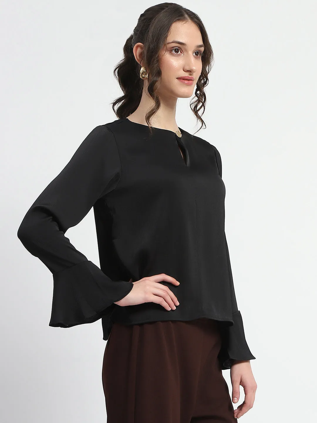 Madame Solid Black Ruffle Sleeve Satin Top Office Glam