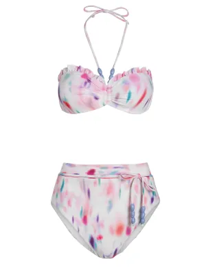 Flexible Underwire Design Adjustable Ties Design Alexis Top   Belted Hi Leg Hi Waist Bottom In Hazy Ikat Ivory