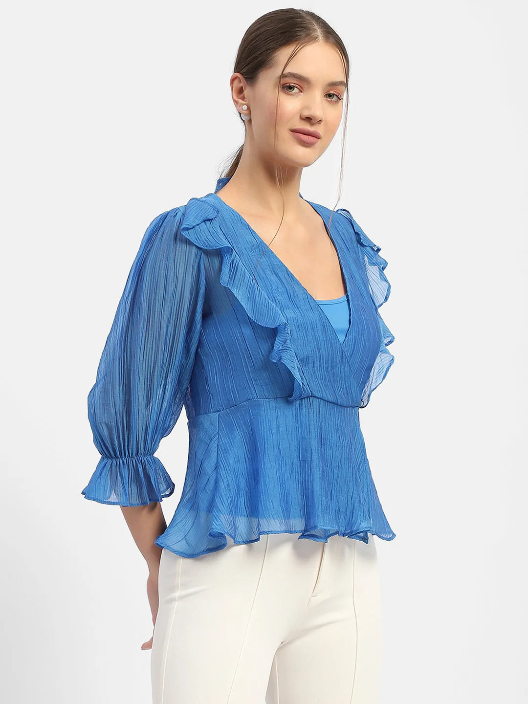 Madame Surplice Neck Royal Blue Poet Sleeve Top Fashionable Look