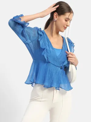 Madame Surplice Neck Royal Blue Poet Sleeve Top LowBulkFabric