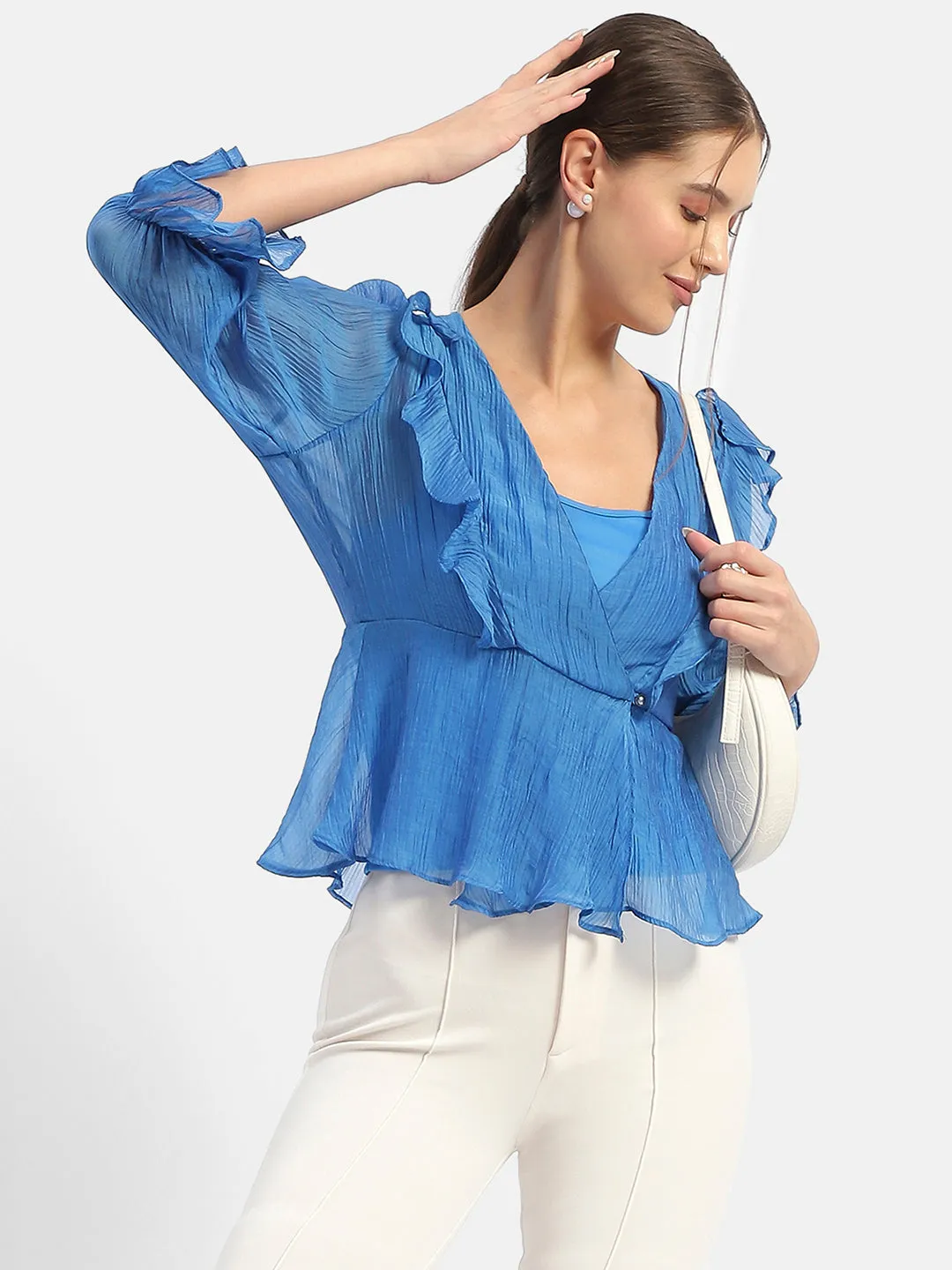Madame Surplice Neck Royal Blue Poet Sleeve Top LowBulkFabric
