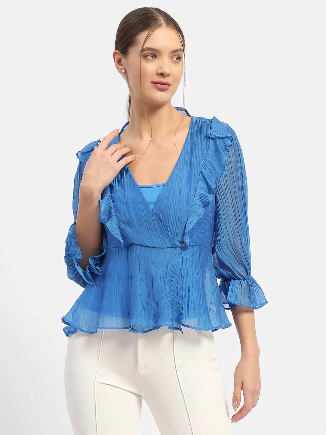 Madame Surplice Neck Royal Blue Poet Sleeve Top Training Fit Seasonal Style