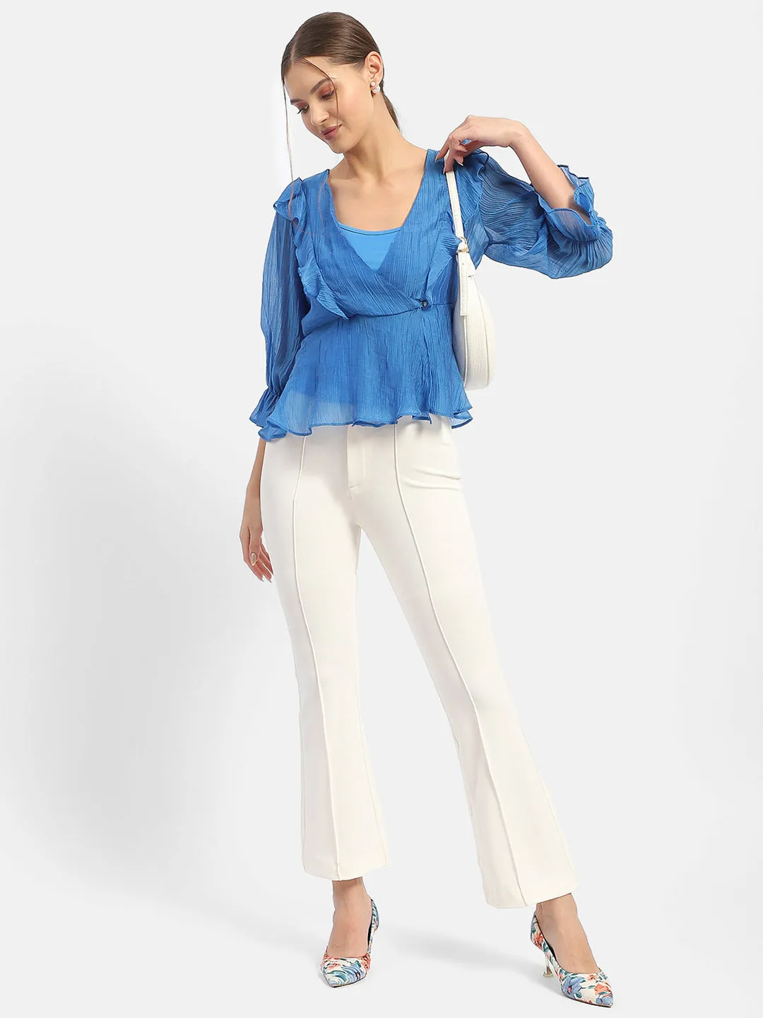 Madame Surplice Neck Royal Blue Poet Sleeve Top FrictionResistantFabric CompressionKnit