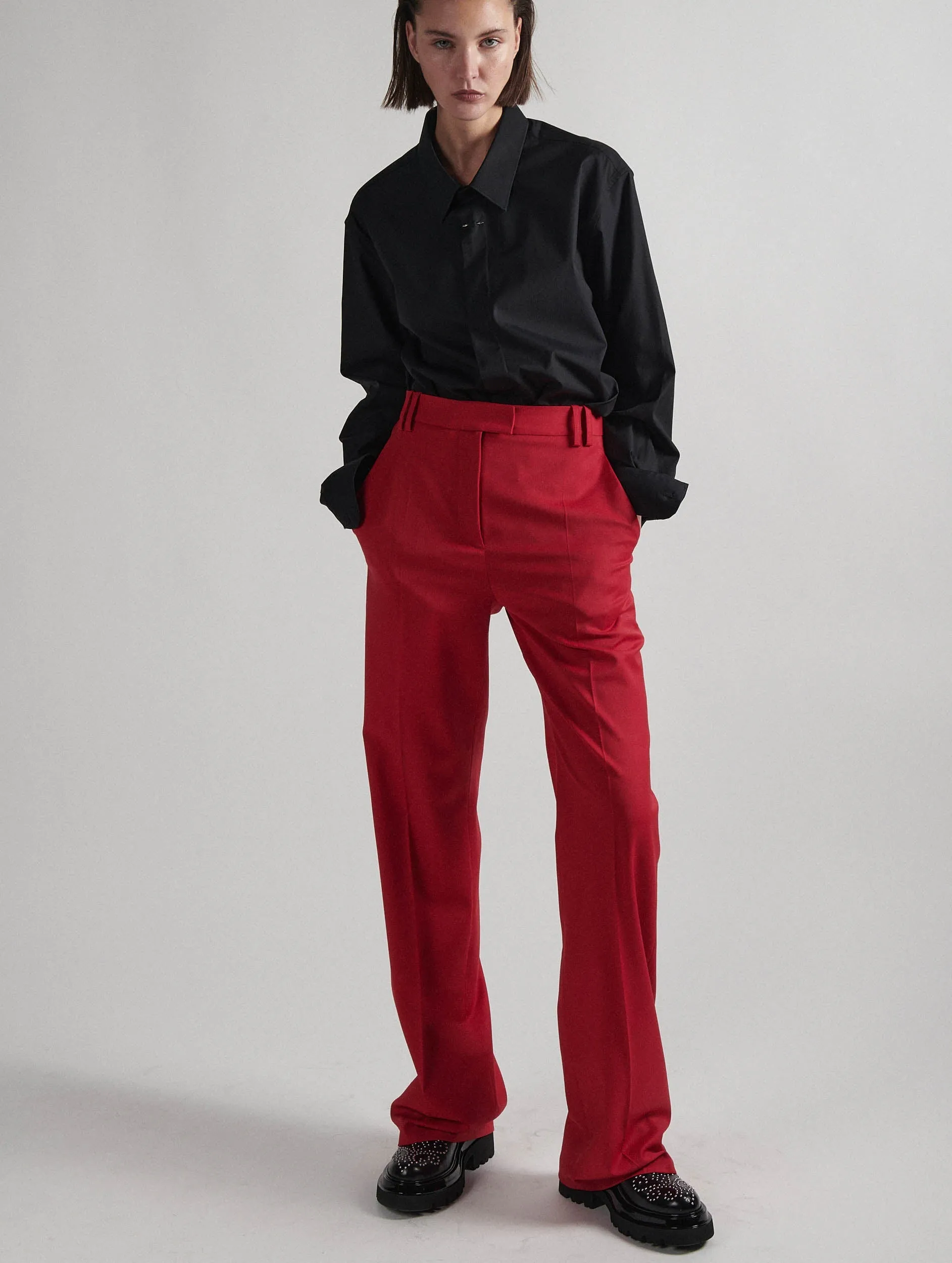 Smart Style Flattering Shape Red wool gabardine high-waisted suit trousers