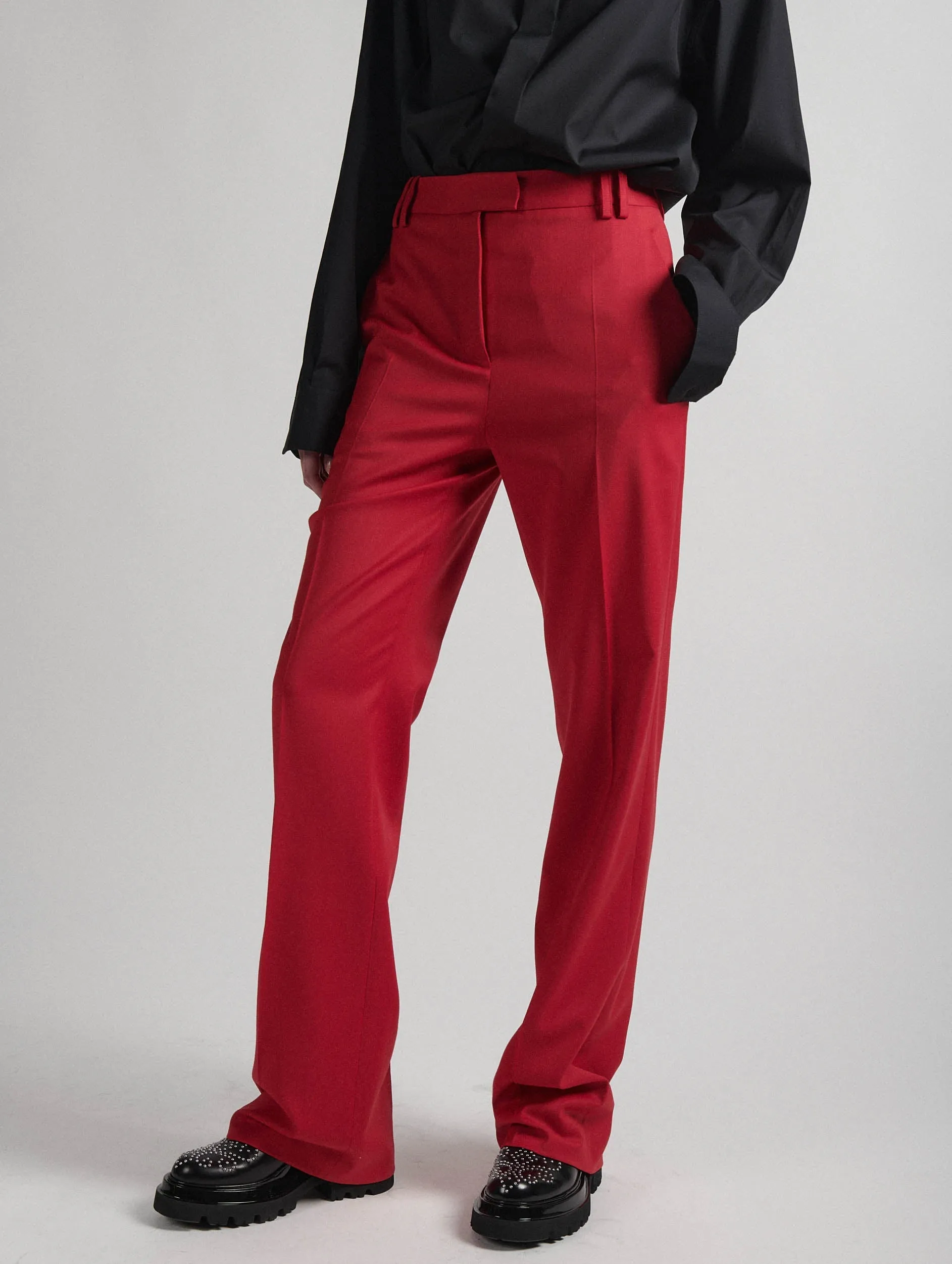 MoistureWickingLining Flowy legs Red wool gabardine high-waisted suit trousers