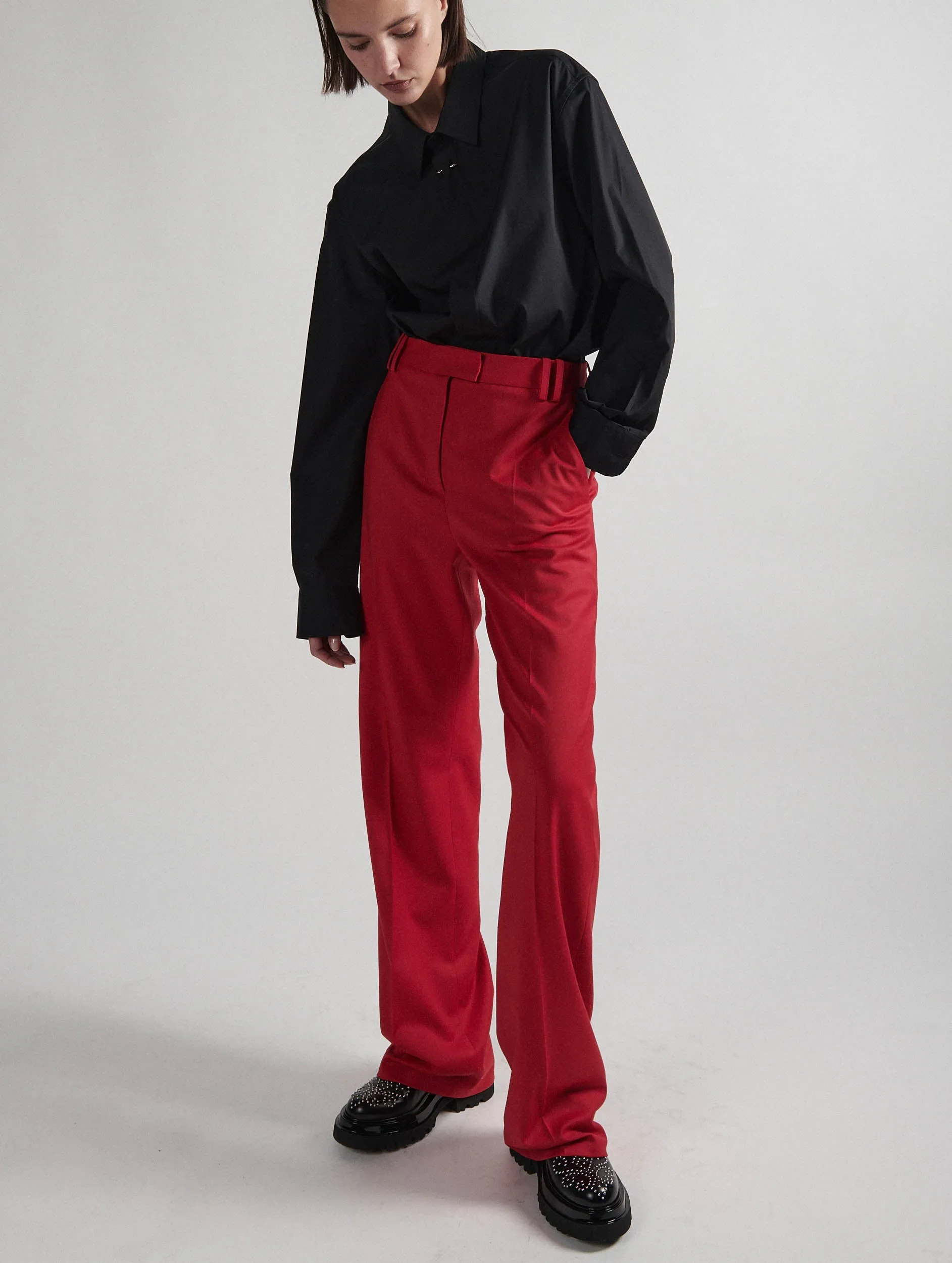 Red wool gabardine high-waisted suit trousers Travel-Ready