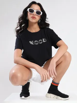 Urban Streetwear Madame Embellished Pocket Typography Black Cotton T-shirt