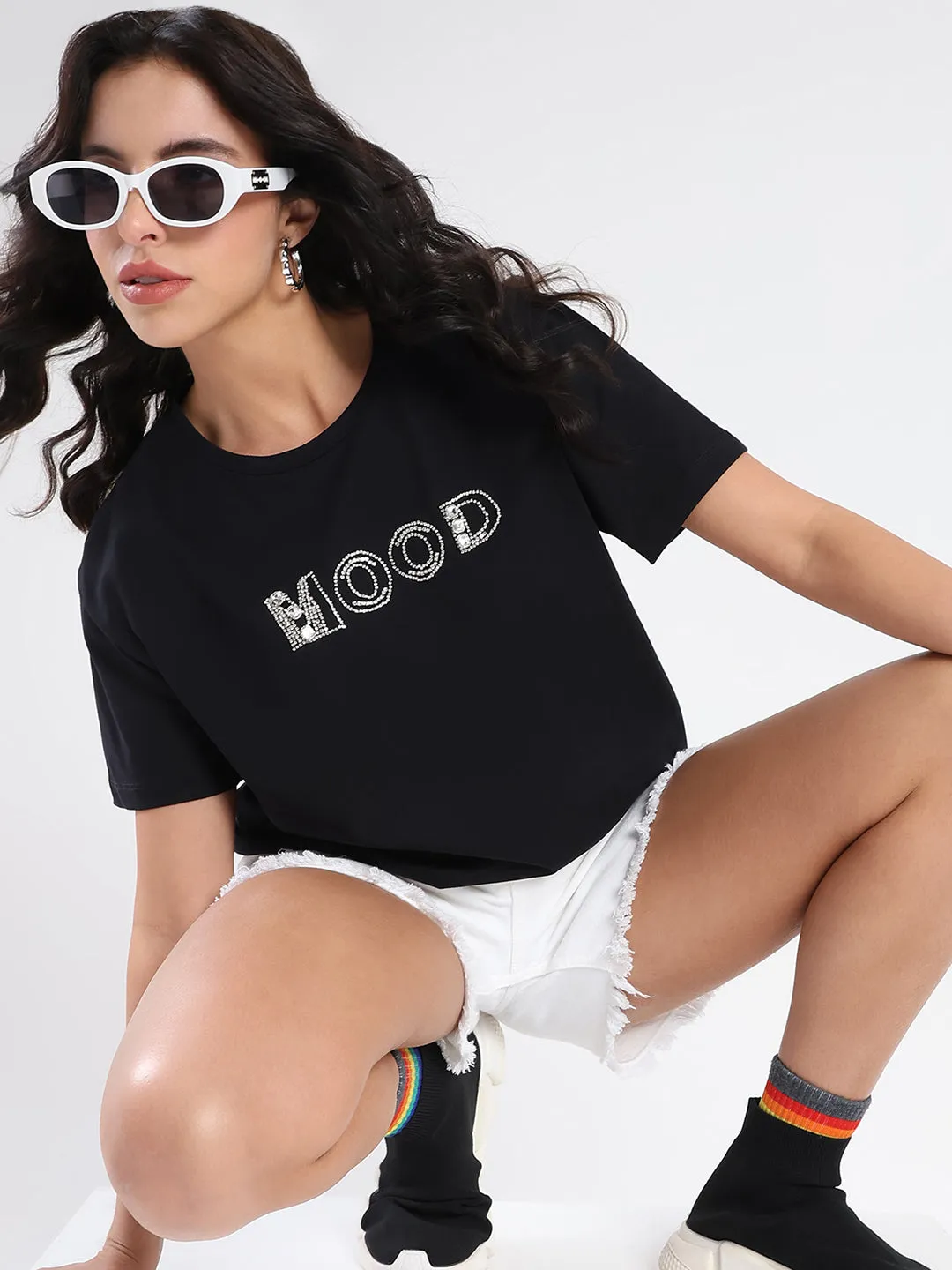 Madame Embellished Pocket Typography Black Cotton T-shirt SunProtectionFabric Chic Vibe