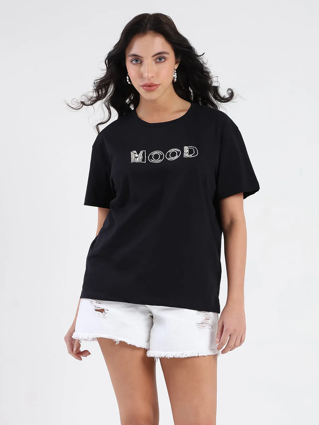 Madame Embellished Pocket Typography Black Cotton T-shirt Comfortable fit Travel convenience