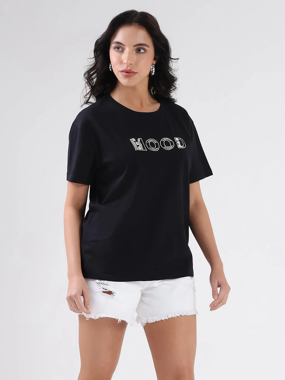 Chilly Layer Weekend Wear Madame Embellished Pocket Typography Black Cotton T-shirt