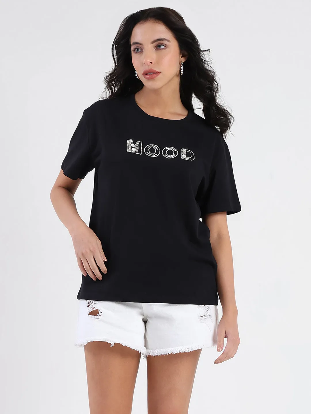 Classic Style Trend Madame Embellished Pocket Typography Black Cotton T-shirt