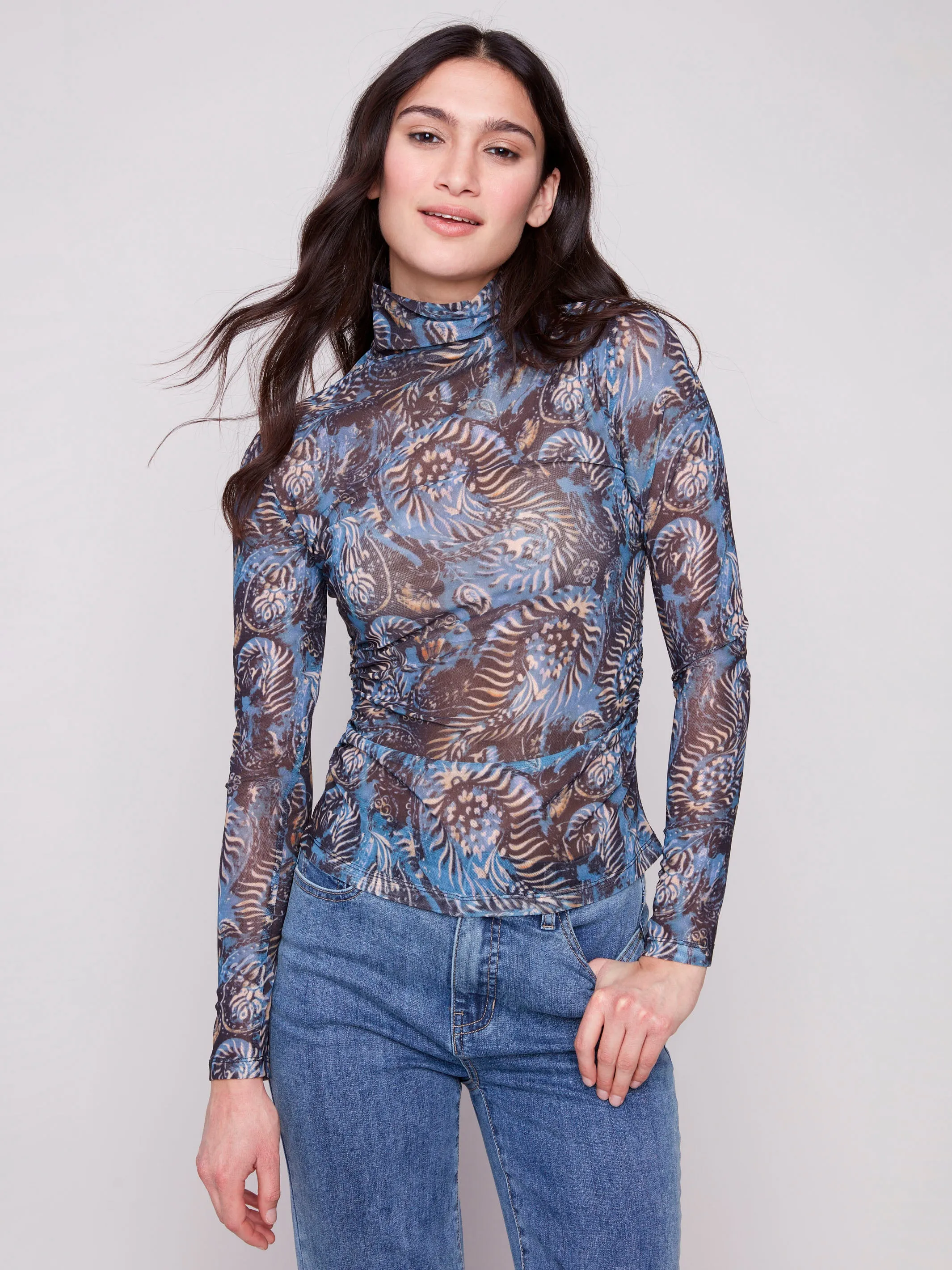 Printed Mock Neck Mesh Top - Midnight HypoallergenicTextile
