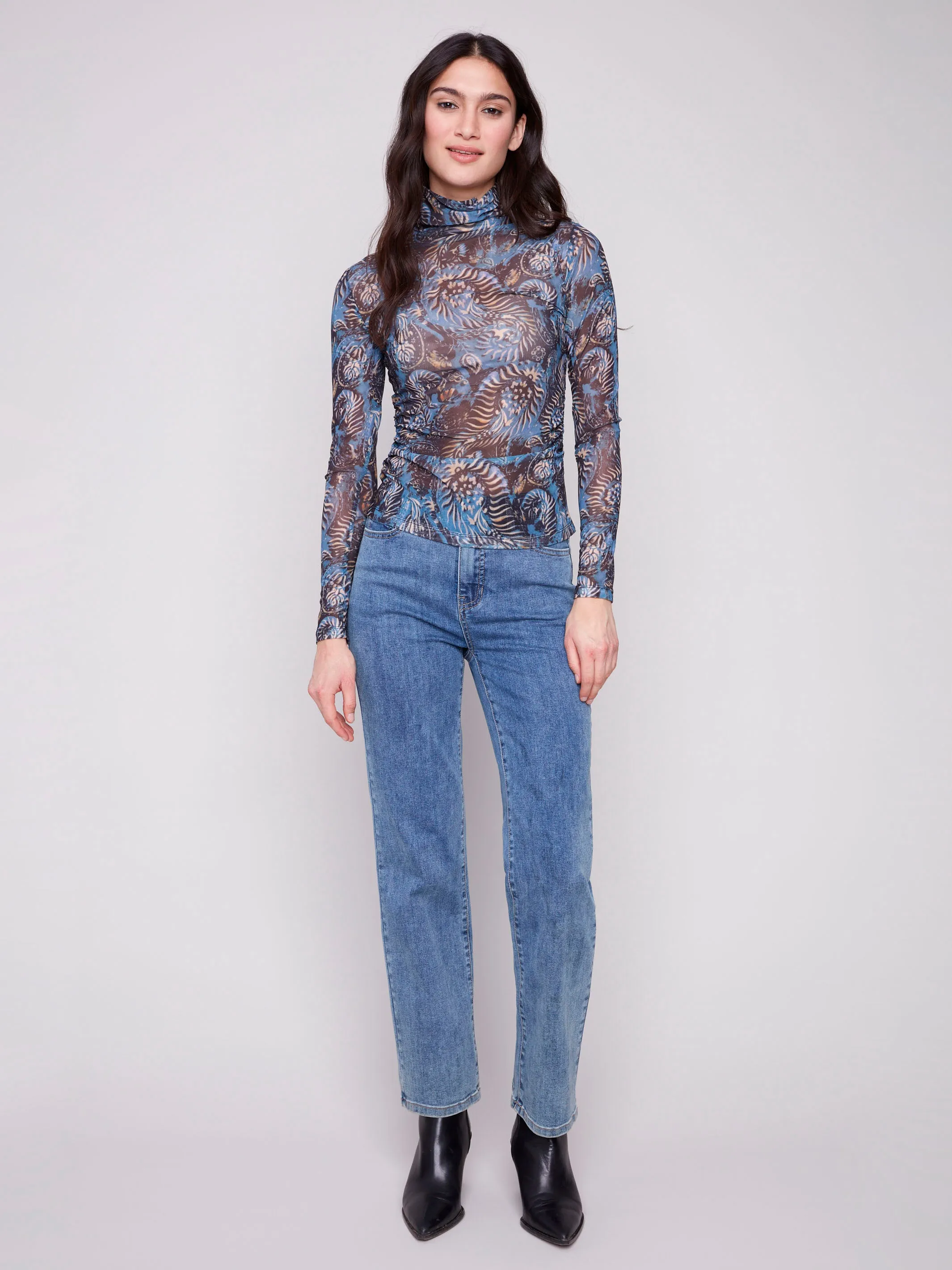 french chic Desert Heat Printed Mock Neck Mesh Top - Midnight