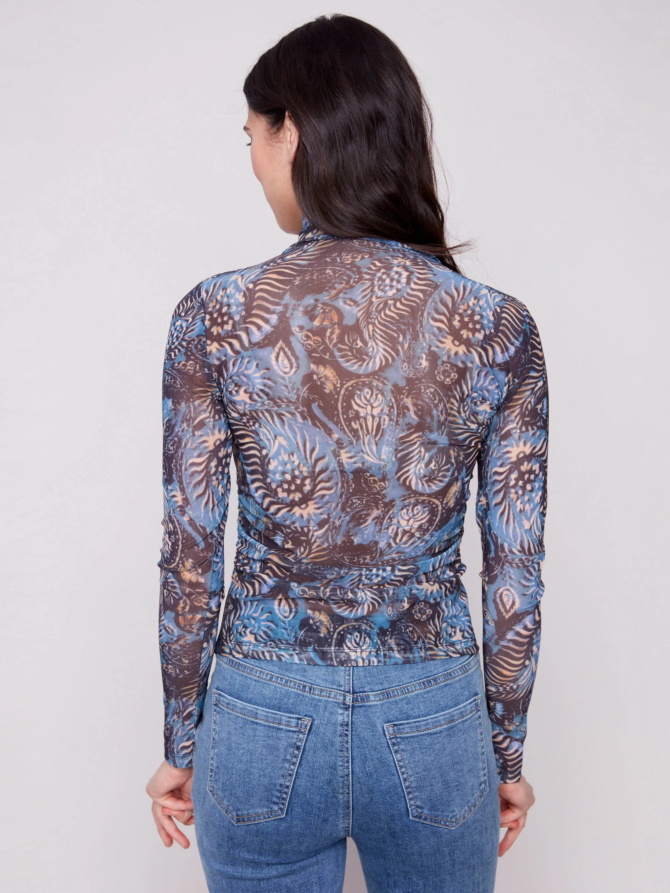 Romance Air Printed Mock Neck Mesh Top - Midnight