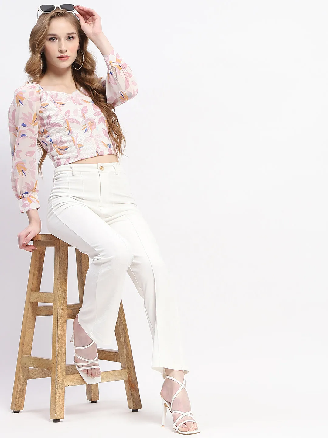 AdjustableWaistband Madame Off White Floral Print Crop Top