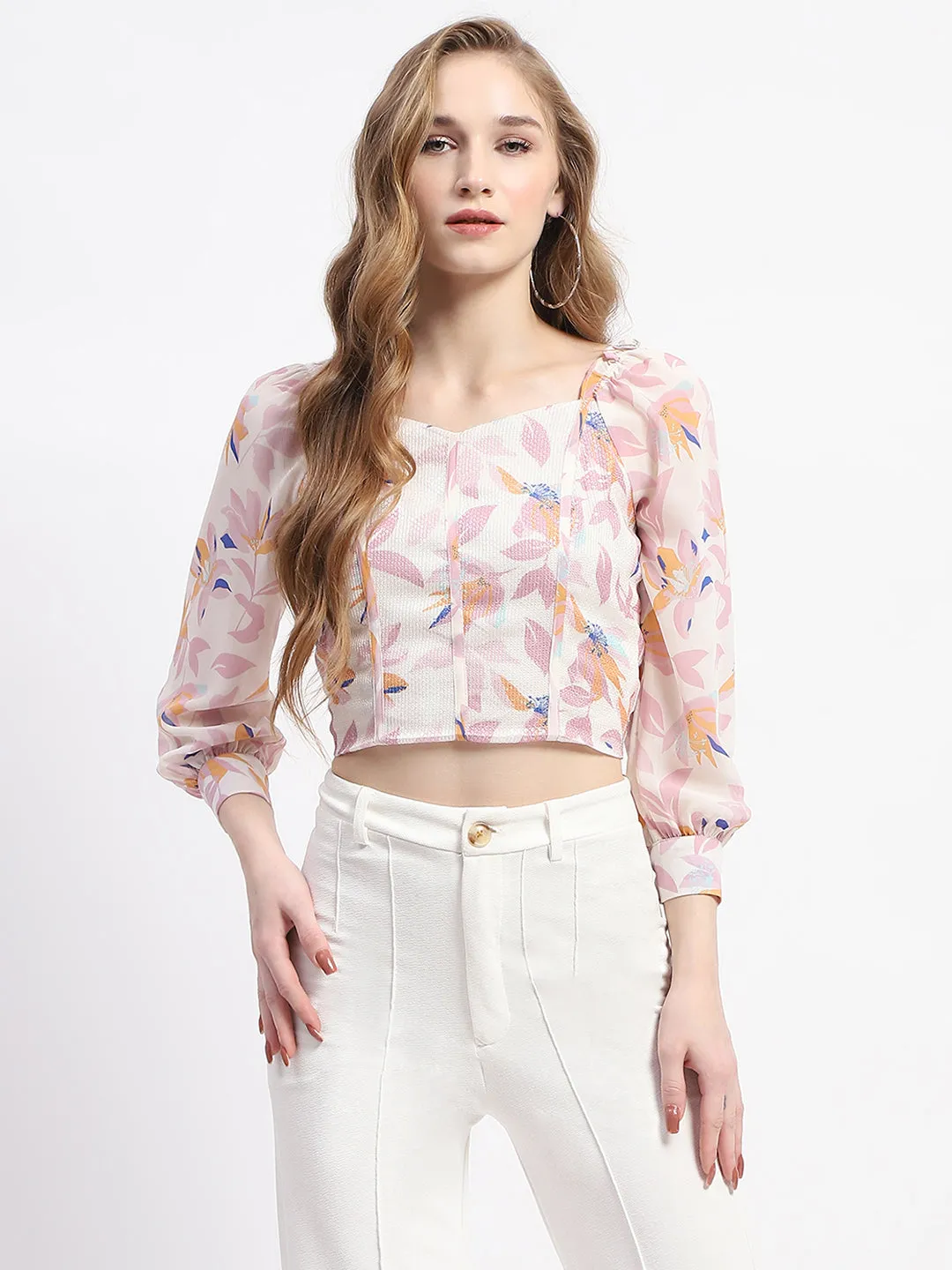 Casual Comfort Madame Off White Floral Print Crop Top