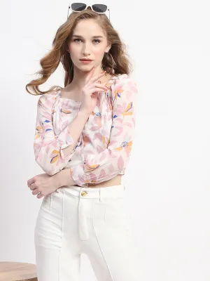 Madame Off White Floral Print Crop Top MeshVentilation Chic Fit