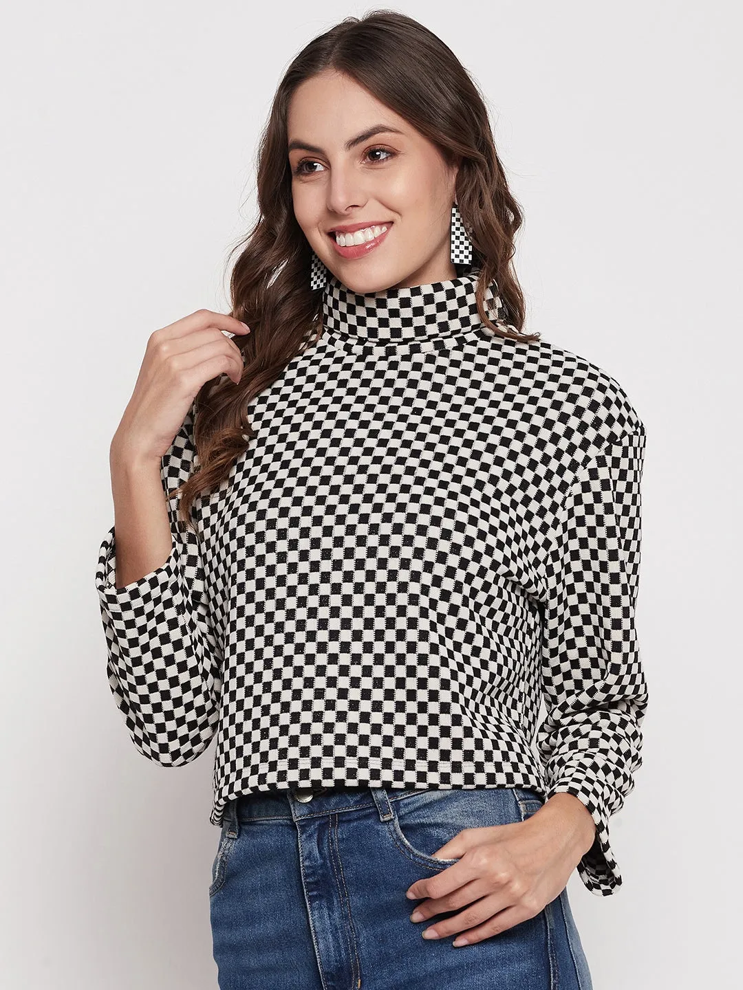 OdorControlClothing Madame Black Chess Print Turtleneck Top
