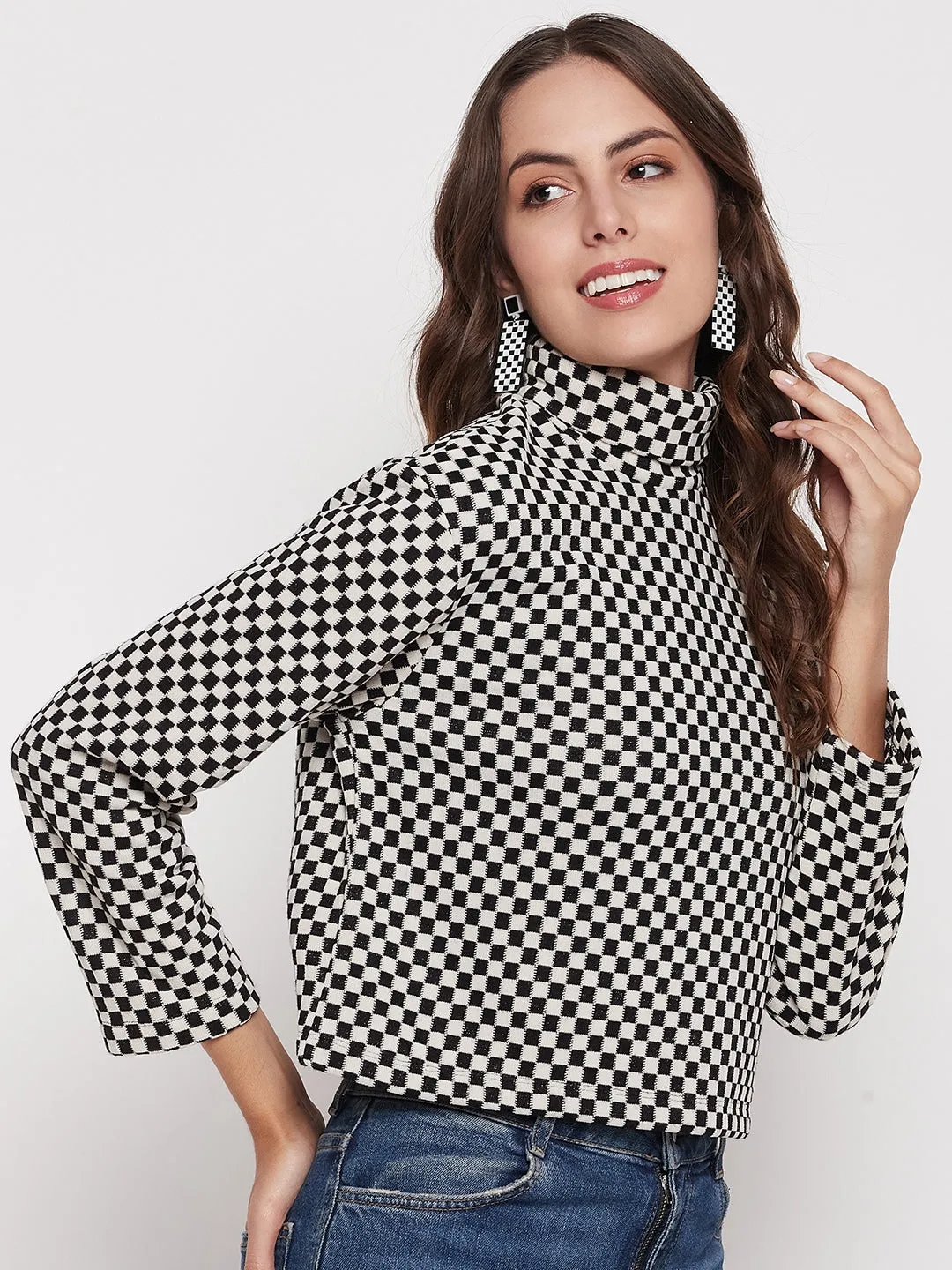 Soft Fabric Madame Black Chess Print Turtleneck Top