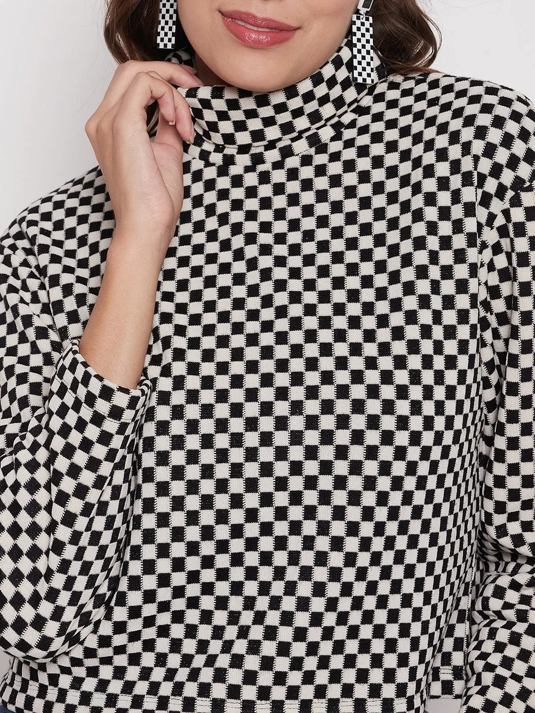 Lightweight Layering Madame Black Chess Print Turtleneck Top