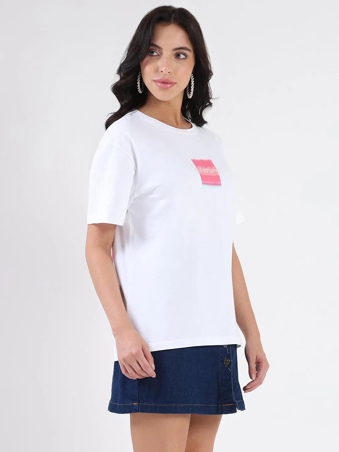 crew neck Madame Front Graphic Print Half Sleeve White Sinker T-shirt