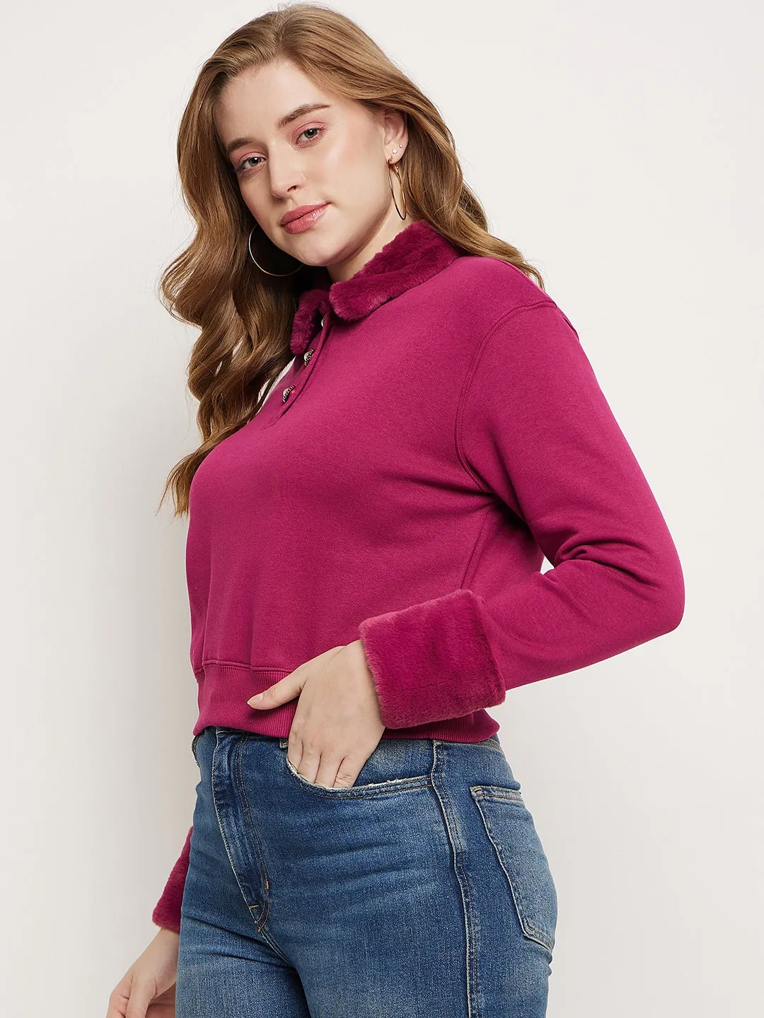 Madame Plum Faux Fur Collared Crop Sweatshirt Modern Aesthetic