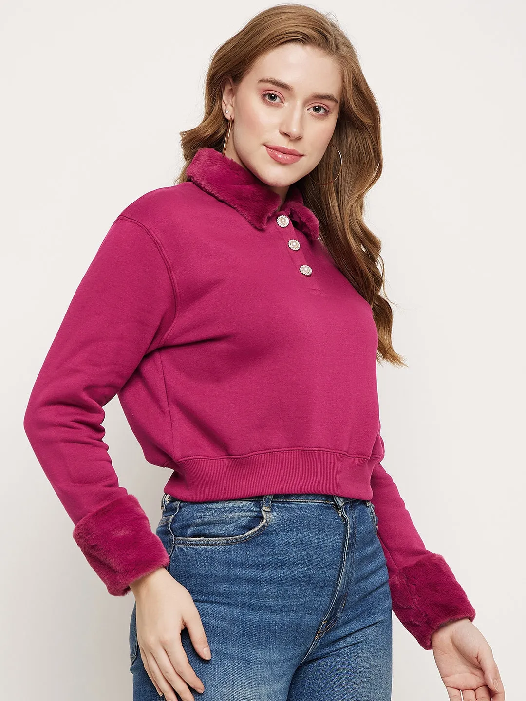 Trendy Colors Urban Chic Madame Plum Faux Fur Collared Crop Sweatshirt