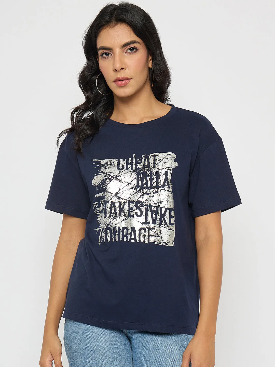 Relax Outfit Madame Graphic And Typography Print Navy Blue Cotton T-Shirt